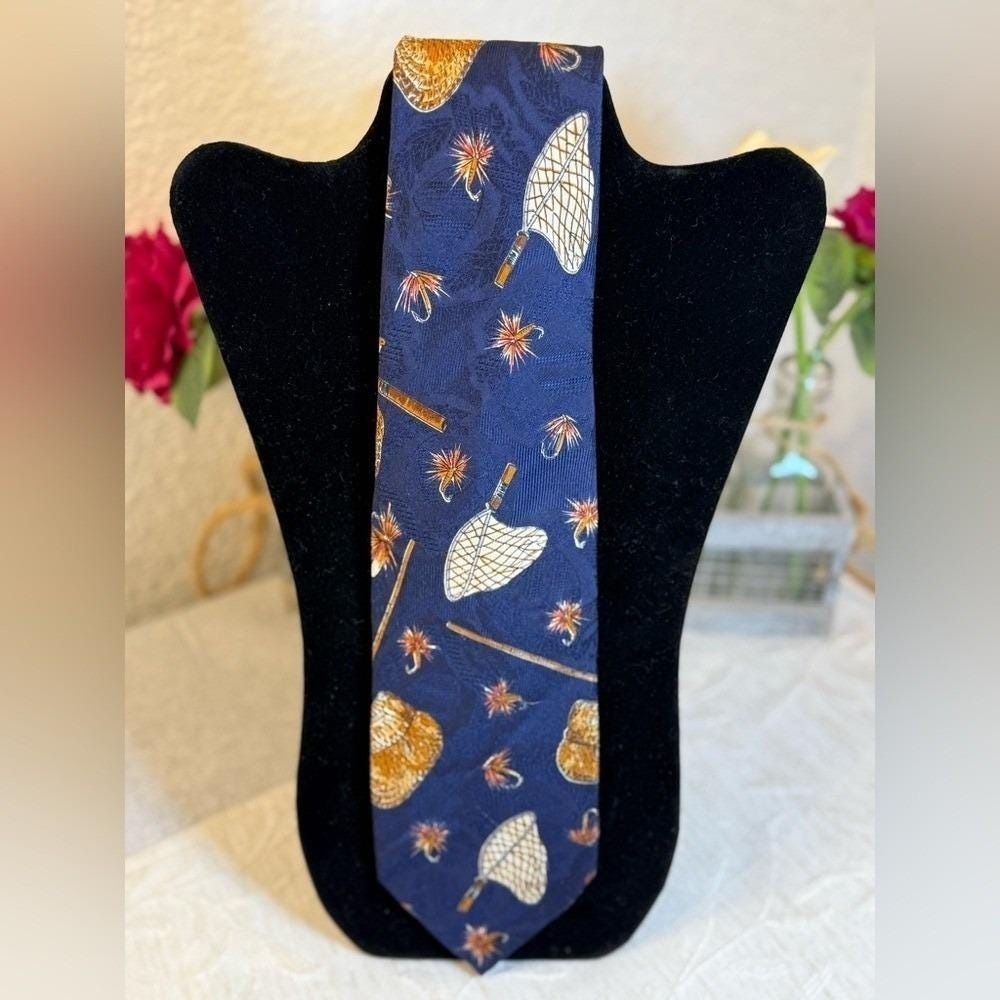 Robert Talbott Paul Richards XL Silk‎ Tie Navy Blue Vintage Fly Fishing 3.75x60